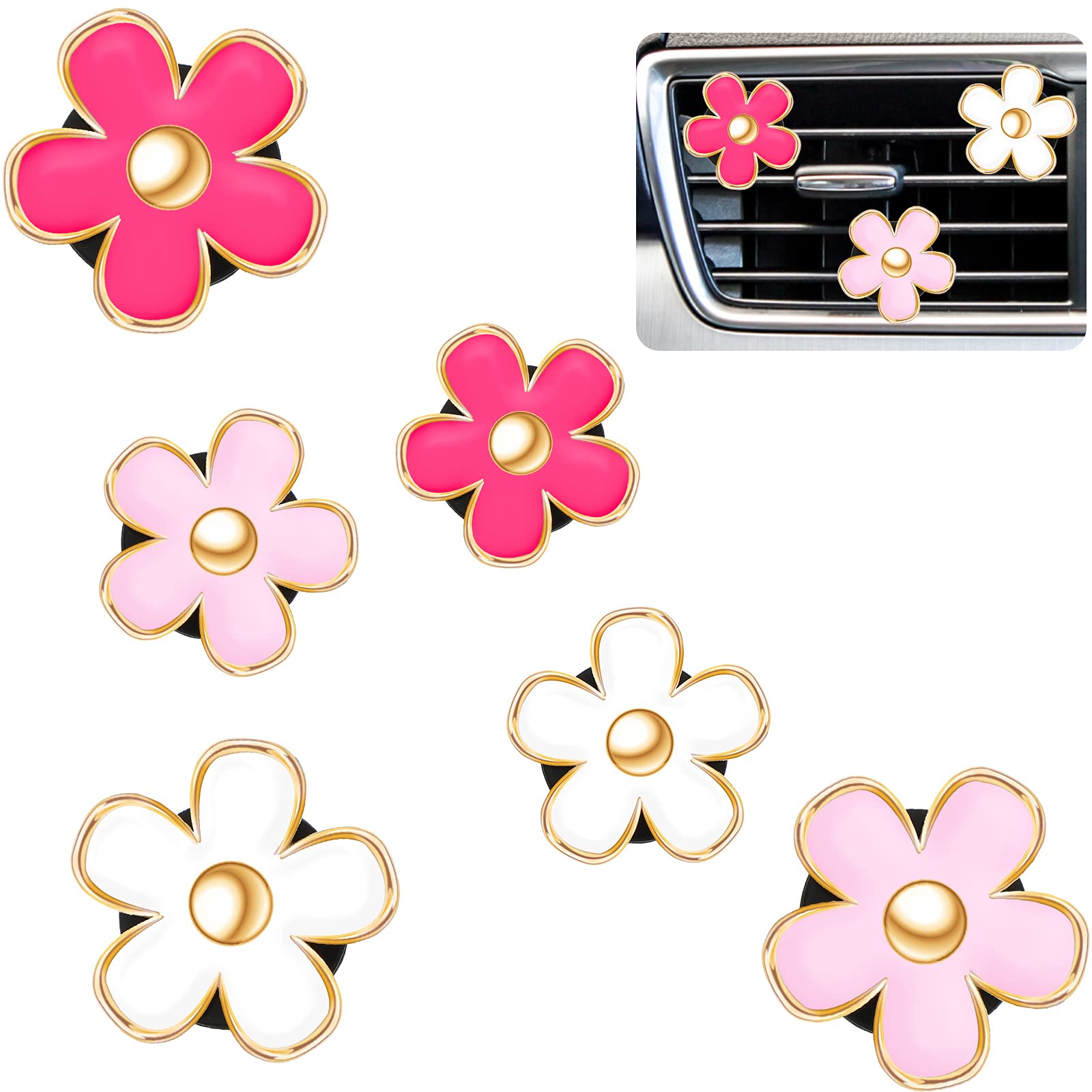 Frienda 6 Pcs Daisy Vent Clips for Car, 3/3.3 cm, Red, Pink, White | Air Conditi