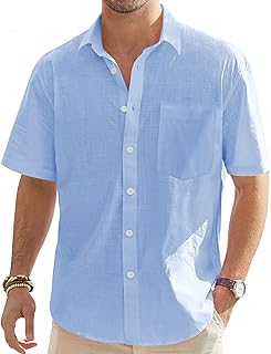 J.Ver Men's Cotton Linen Shirts Short Sleeve Casual Light Button Beach Shirt Summer Tops with Pocket