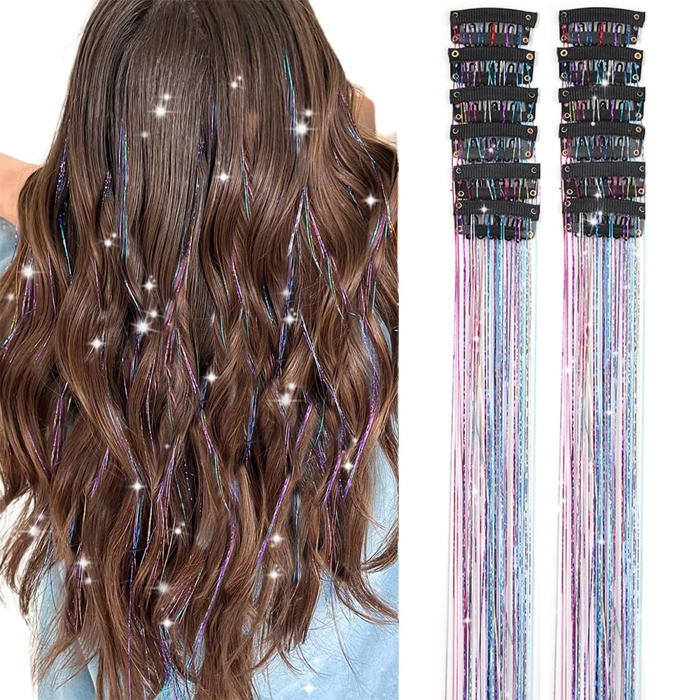 Hair Tinsel Pack of 12 Pcs Colorful Glitter Hair Accessories 20 Inch Clip in Hai