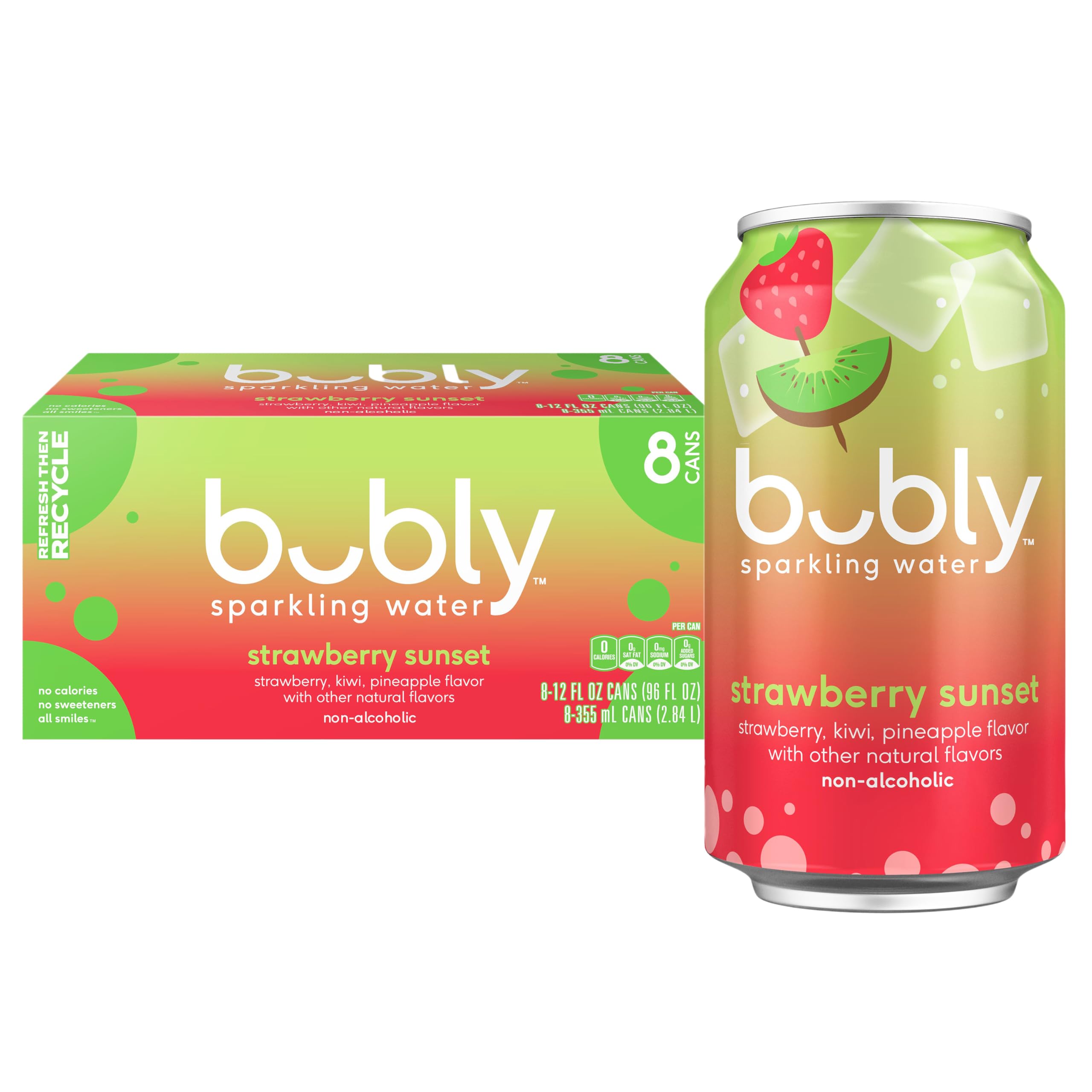 bubly Sparkling Water, Strawberry Sunset, 12 Fl Oz Cans (8 Pack) | Zero Sugar, Z