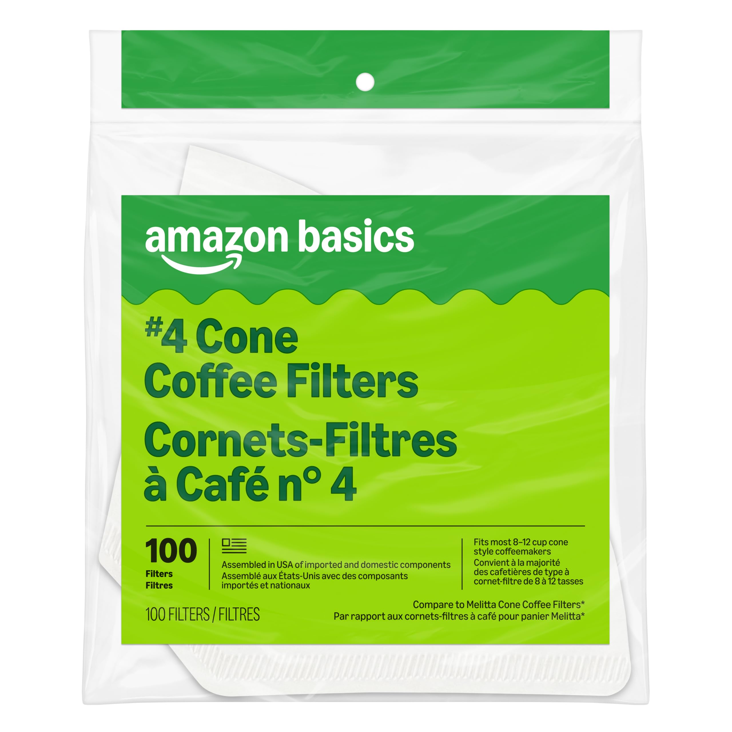 Amazon Basics Number 4 Cone Coffee Filters for 8-12 Cup Coffee Makers, White, 10