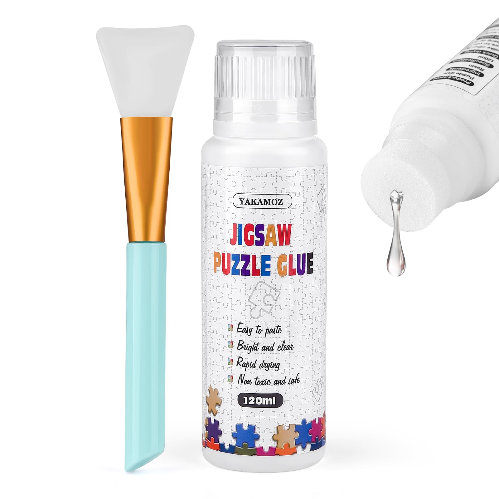 YAKAMOZ Jigsaw Puzzle Glue Clear with Silicone Brush, Sponge Head, 120mL | Clear