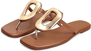 Wnshonzy Flip-Flops for Women Thong Sandals Flat Black Slip on Slides Leather Beach Comfort Open Square Toe Ladies Slipper Dressy Metal Hardware Decoration Summer Shoes Casual Fashion