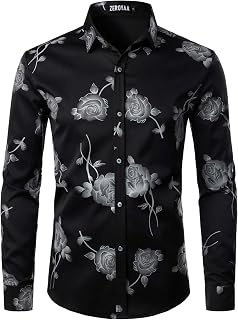 Zero OYAA Men's Shirt 3D Golden Rose Slim Fit Long Sleeve Button-Down Floral Print