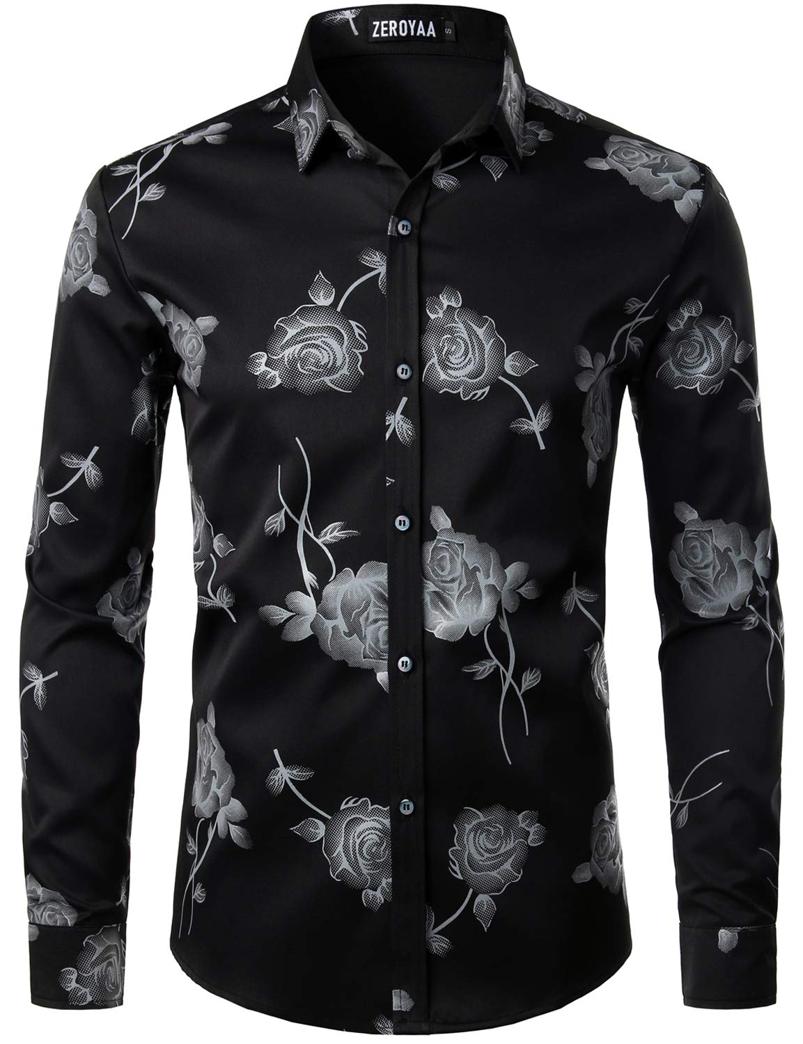 Zero OYAA Men's Shirt 3D Golden Rose Slim Fit Long Sleeve Button-Down Floral Pri
