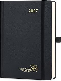 POPRUN Daily Planner 2027 One Page Per Day Size 5.75" x 8.5" Calendar Book | 2027 Day Planner(Jan - Dec), 12 Months Agenda Appointment Book with Hourly Time Slots, Pen Holder, Hardcover - Black