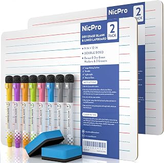 Nicpro Dry Erase Lap Board 9 x 12 inches 2 Pack Ruled Kid Double Sided | Blank & Lined Small Lapboard with 8 Pens, 2 Eraser, Learning Mini Whiteboard Portable for Student and Classroom Use