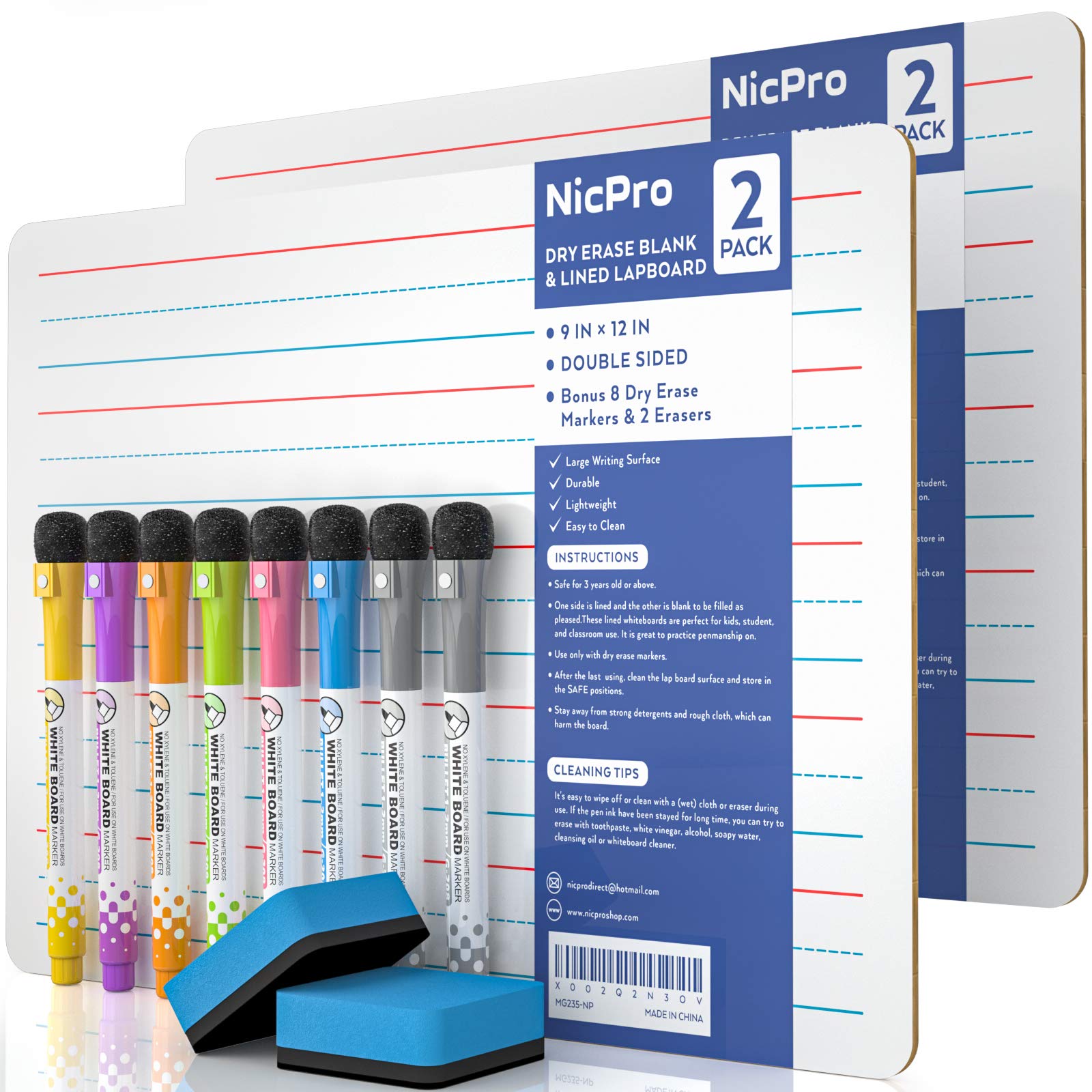 Nicpro Dry Erase Lap Board 9 x 12 inches 2 Pack Ruled Kid Double Sided | Blank &