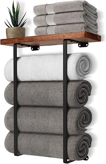 Towel Racks for Bathroom Wall Mounted Towel Rack with Wooden Shelf Towel Holder for Rolled Towels Metal Towel Storage Black