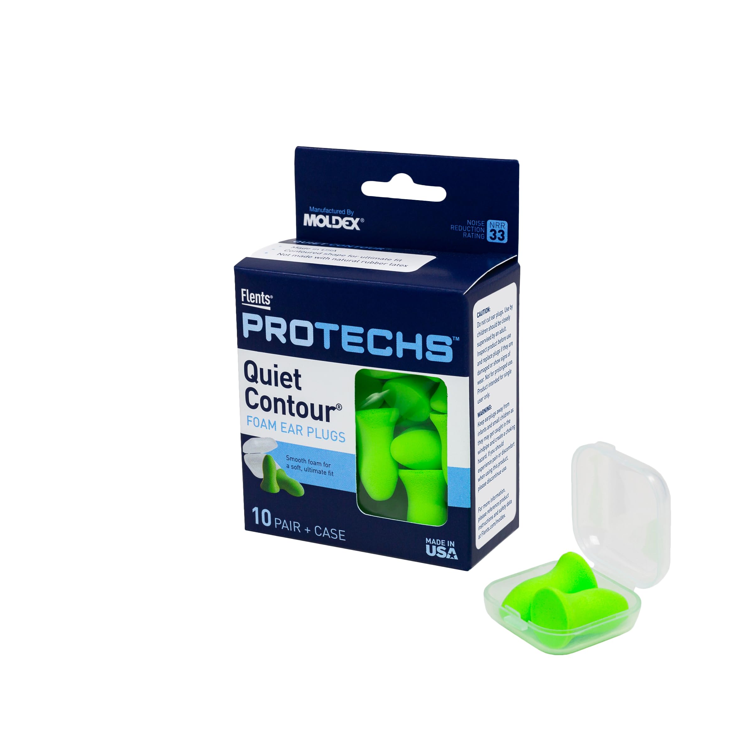 Flents Protechs Quiet Contour Foam Ear Plugs, NRR 33, 10 Pair, Green | Reusable 