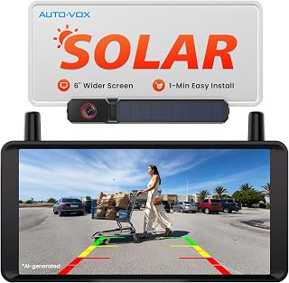 AUTO-VOX Solar Wireless Reversing Camera kit with 6 Inch 1080P Monitor | No Drilling 1-Min Quick Install, Dual Antenna, Color Night Vision, Long Battery & Solar Recharge for Car Truck Van Caravan