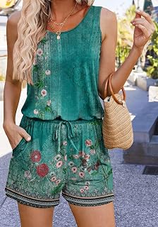 Tutina estiva da donna, senza maniche, con pantaloncini, scollo rotondo, cinture in vita, abiti casual con tasche