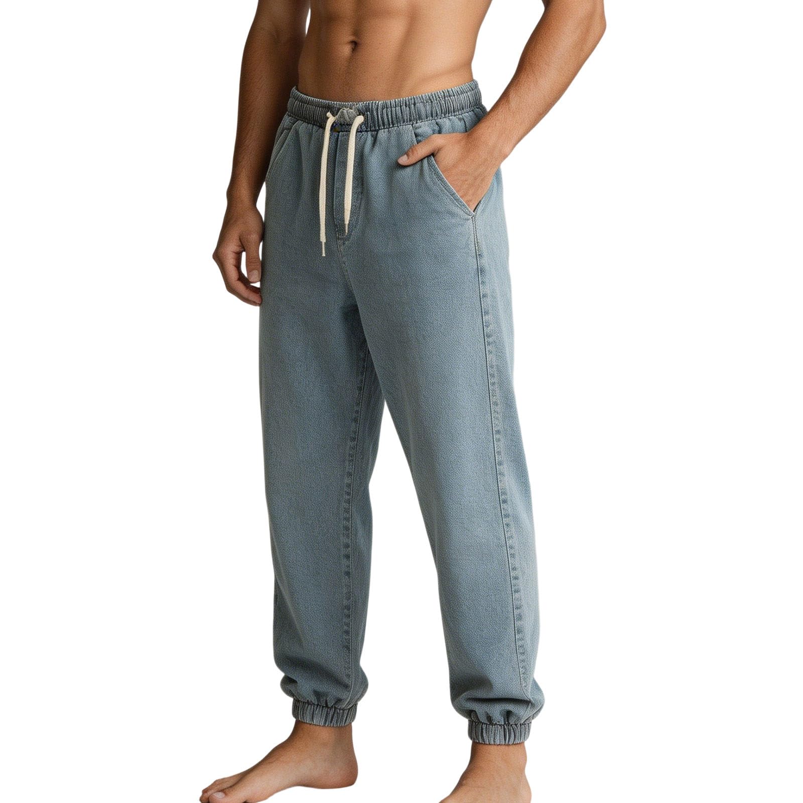 Ozmmyan Mens Denim Joggers Elastic Waist Drawstring Pull On Loose Tapered Ankle 
