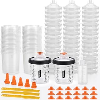 OULEME 20oz Disposable Paint Cup System, 50Pk Liners &amp; Lids with 5 Adapters | COMPATIBLE with 3M PPS 1.0, Fits SATA, Iwata, DeVilbiss, WARTE HVLP &amp; LVLP Spray Guns; 125 Micron Filter Lids, 360° Leakproof