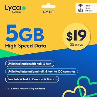 Lyca Mobile USA Prepaid 5G/4G SIM Card | $19 Plan | Unlimited Talk, Text & Data | 5GB High Speed Data (5GB Hotspot) | 30 Days
