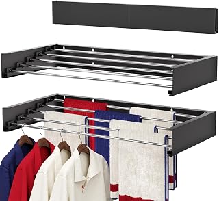 Wall Mounted Drying Rack 80cm, Foldable Laundry Drying Rack with Stainless Steel Rods, Retractable Laundry Space Saver for Indoor & Outdoor Use, Include Wall Template