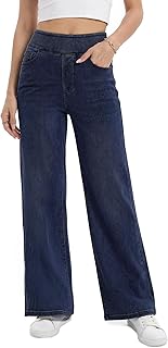 Wide Leg Pull On Jeans Womens High Rise Stretchy Jeans Denim Pants with Elastic Waist Tummy Control