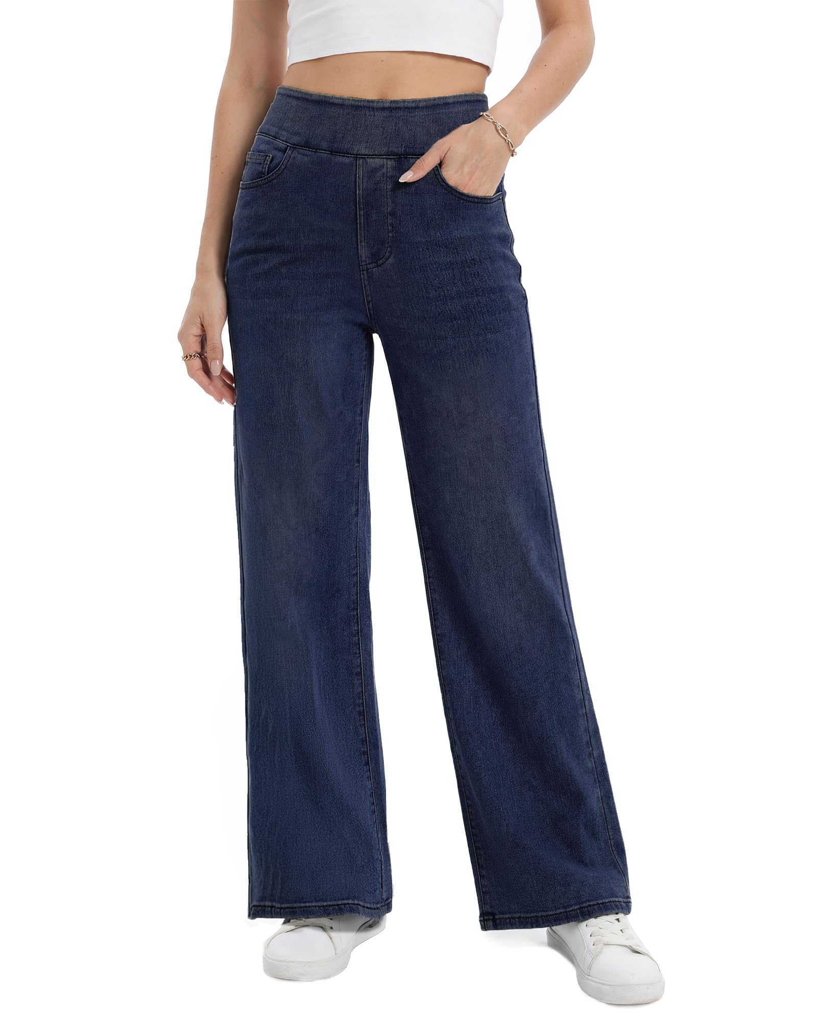Wide Leg Pull On Jeans Womens High Rise Stretchy Jeans Denim Pants with Elastic 
