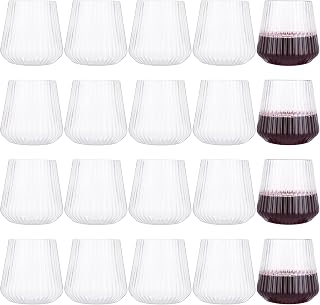 20Pcs Reusable Plastic Wine Glasses Stemless, 400ml Clear Ribbed Plastic Wine Glasses, Unbreakable Drinking Cup Tumbler for Outdoor Indoor Party Picnic Camping Cocktail Champagne Juice Water