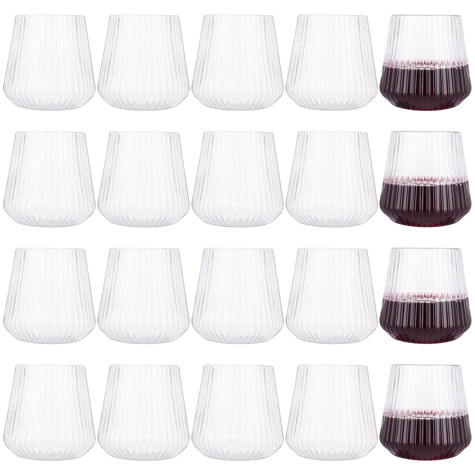 20Pcs Reusable Plastic Wine Glasses Stemless, 400ml Clear Ribbed Plastic Wine Gl