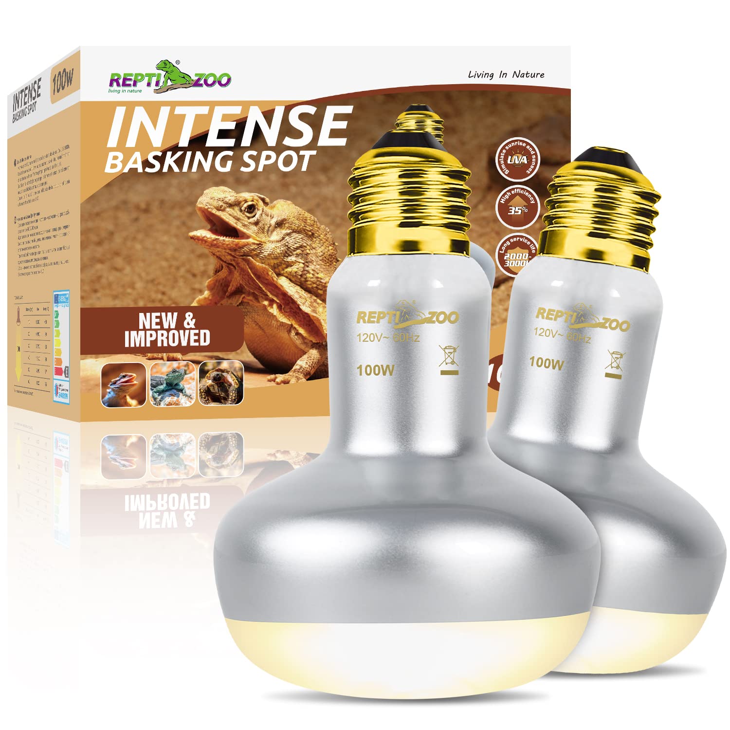 REPTI ZOO 2 Pack Heat Lamp 100W, Intense Basking Spot Simulated Natural Sunlight