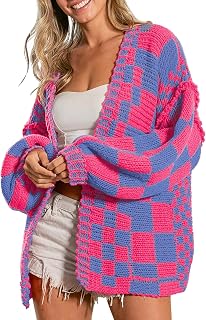 SELINK Women's Cardigan Sweater Vintage Open Front Mixed Checkered Pattern Chunky Knit Plaid Long Sleeve Daily Outwear
