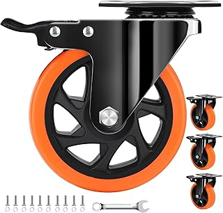 QNCZ 5 Inch Caster Wheel with Dual Brake, Heavy Duty, Silent, Set of 4 | Heavy Load, Dual Locking Brakes, Quiet PU Wheels, Floor-Safe, Steel Plate Mount, Easy Install, For Carts & Workbenches