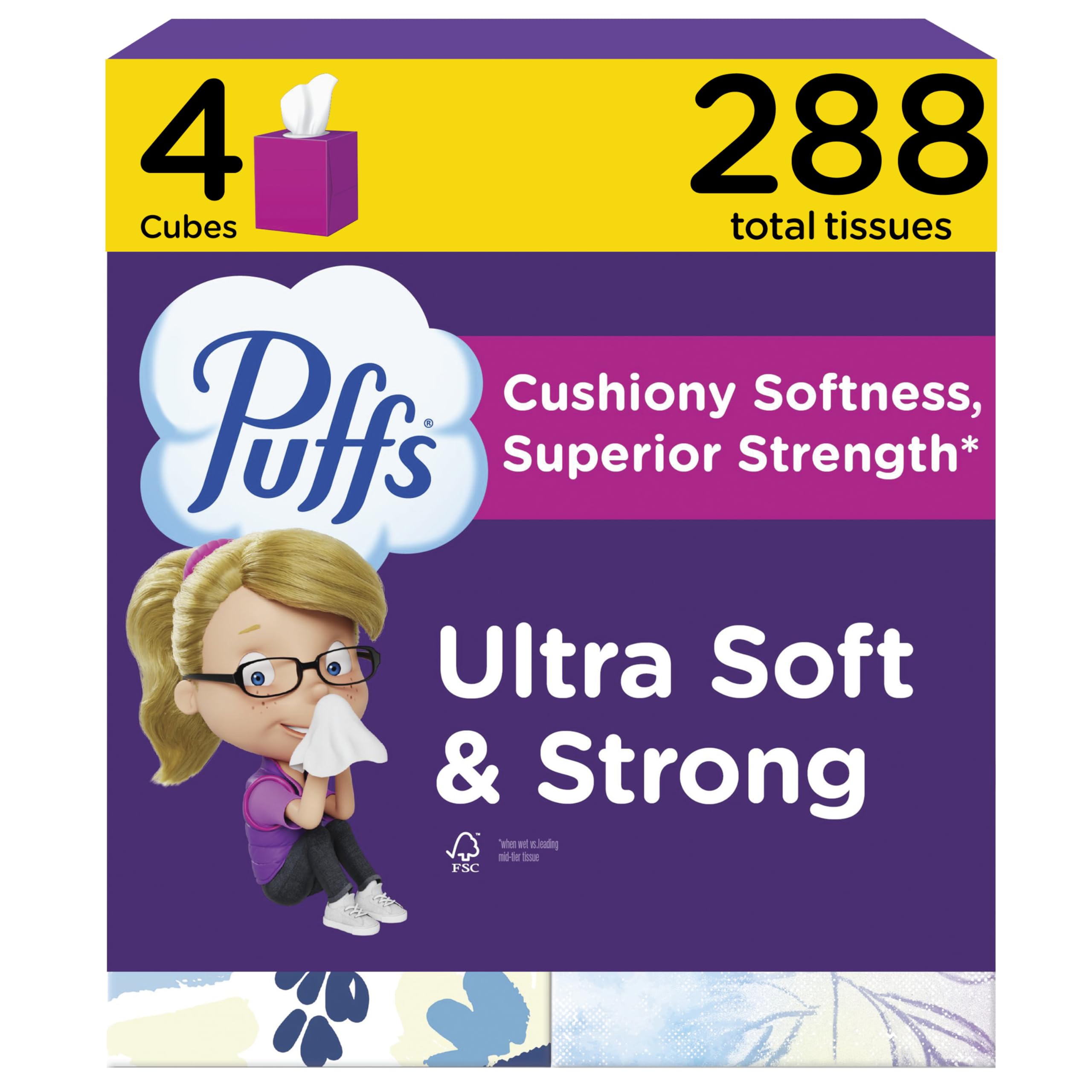 Puffs Facial Tissues Ultra Soft, 4 Mega Cube Boxes, 72 Facial Tissues per Box, A