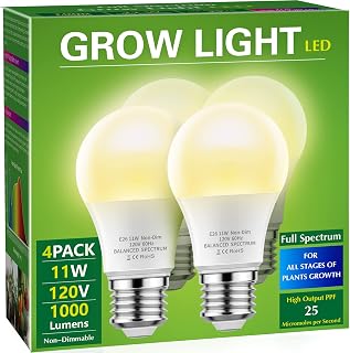 4 Pack Grow Light Bulbs, Briignite LED Grow Light Bulb A19, Full Spectrum | Grow Light Bulb, Plant Light Bulbs E26 Base, 11W Grow Bulb 100W Equivalent, Grow Light for Indoor Plants, Seed Starting