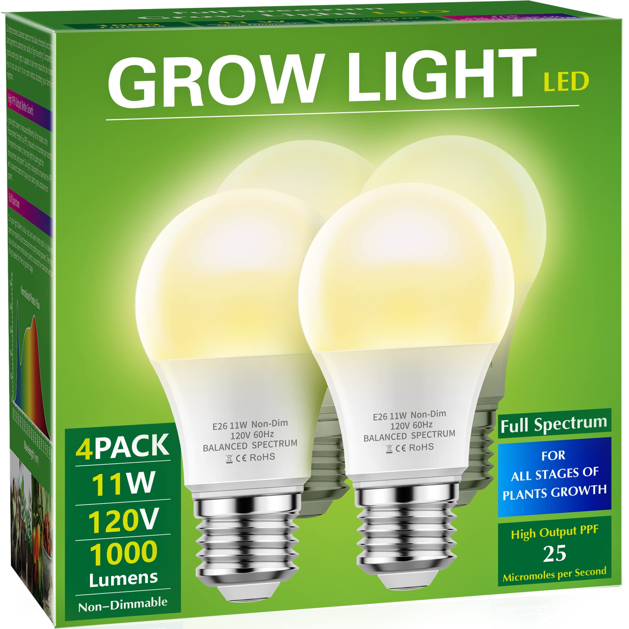 4 Pack Grow Light Bulbs, Briignite LED Grow Light Bulb A19, Full Spectrum | Grow