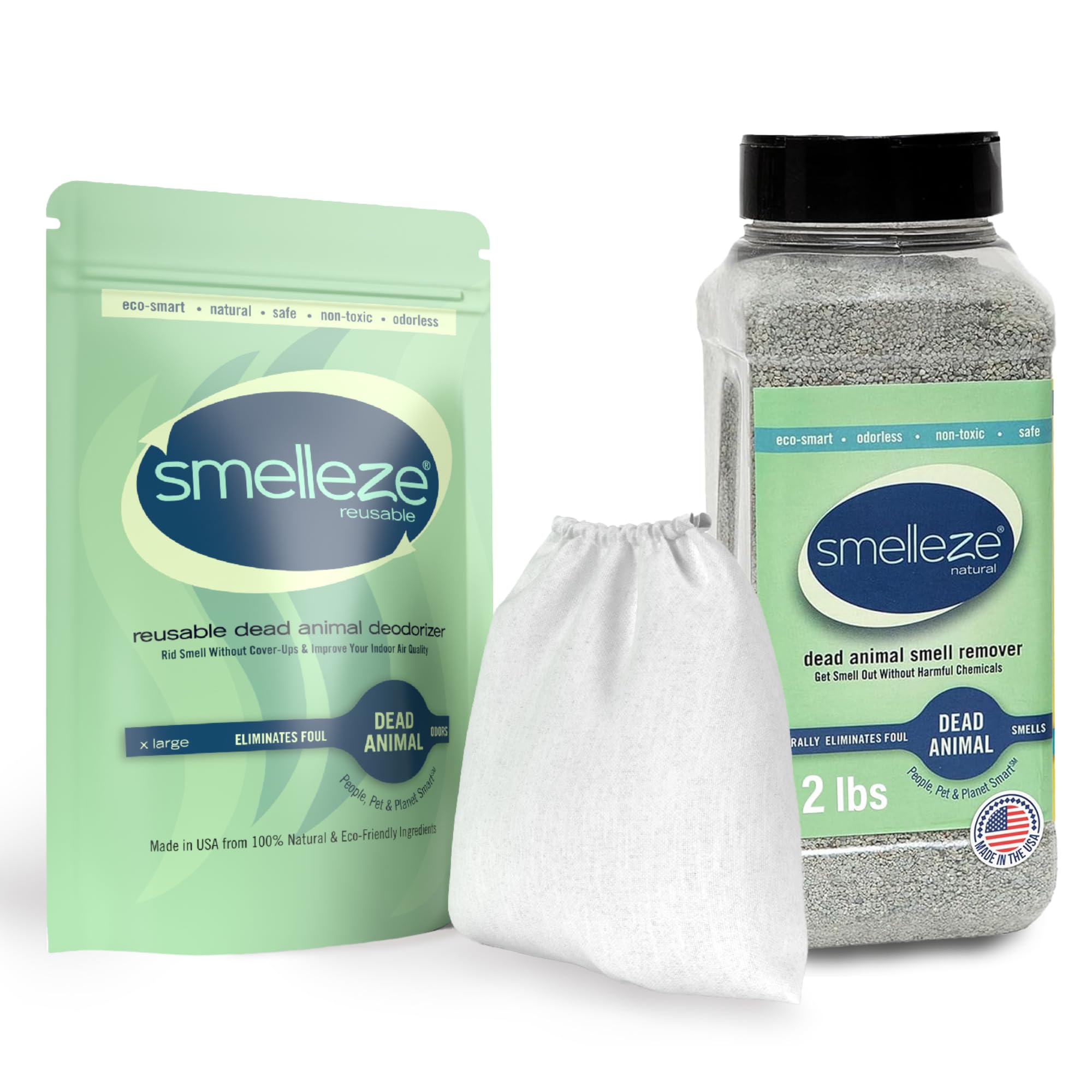 SMELLEZE Ultimate Odor Removal Bundle – 2 lb. Granules + 1 Reusable Pouch | Elim