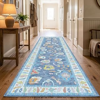 Fame Rugs Blue Modern Oushak Rug 2'6"x10, Vintage Turkish Colorful Oriental Antique Inspired Foldable Long Washable Runner Rugs, Luxury Living Room Bedroom (387BNB, 2'6" x 10')