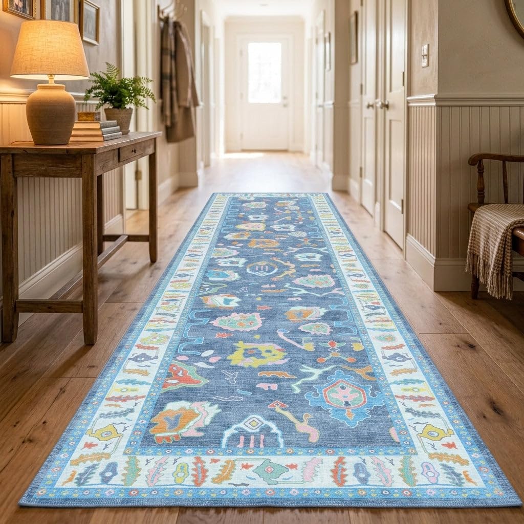 Fame Rugs Blue Modern Oushak Rug 2'6"x10, Vintage Turkish Colorful Oriental Anti