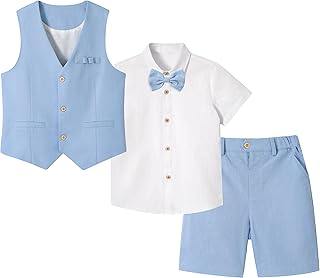 LOLANTA 4PCS Summer Wedding Suit for Children, Set of Vest and Shorts Linen for Children, Baptism Clothes Ceremony Party, Vest+Pants+Shirt+Bow Tie