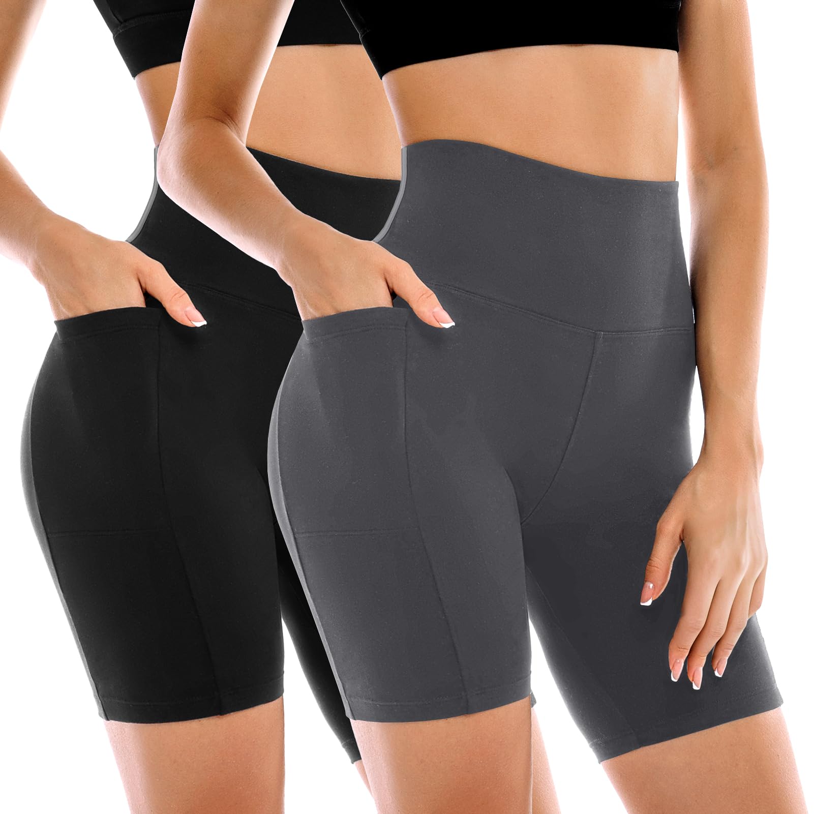 Leafigure 2 Pack Women's Biker Shorts with Pockets High Waist Yoga Running Gym W
