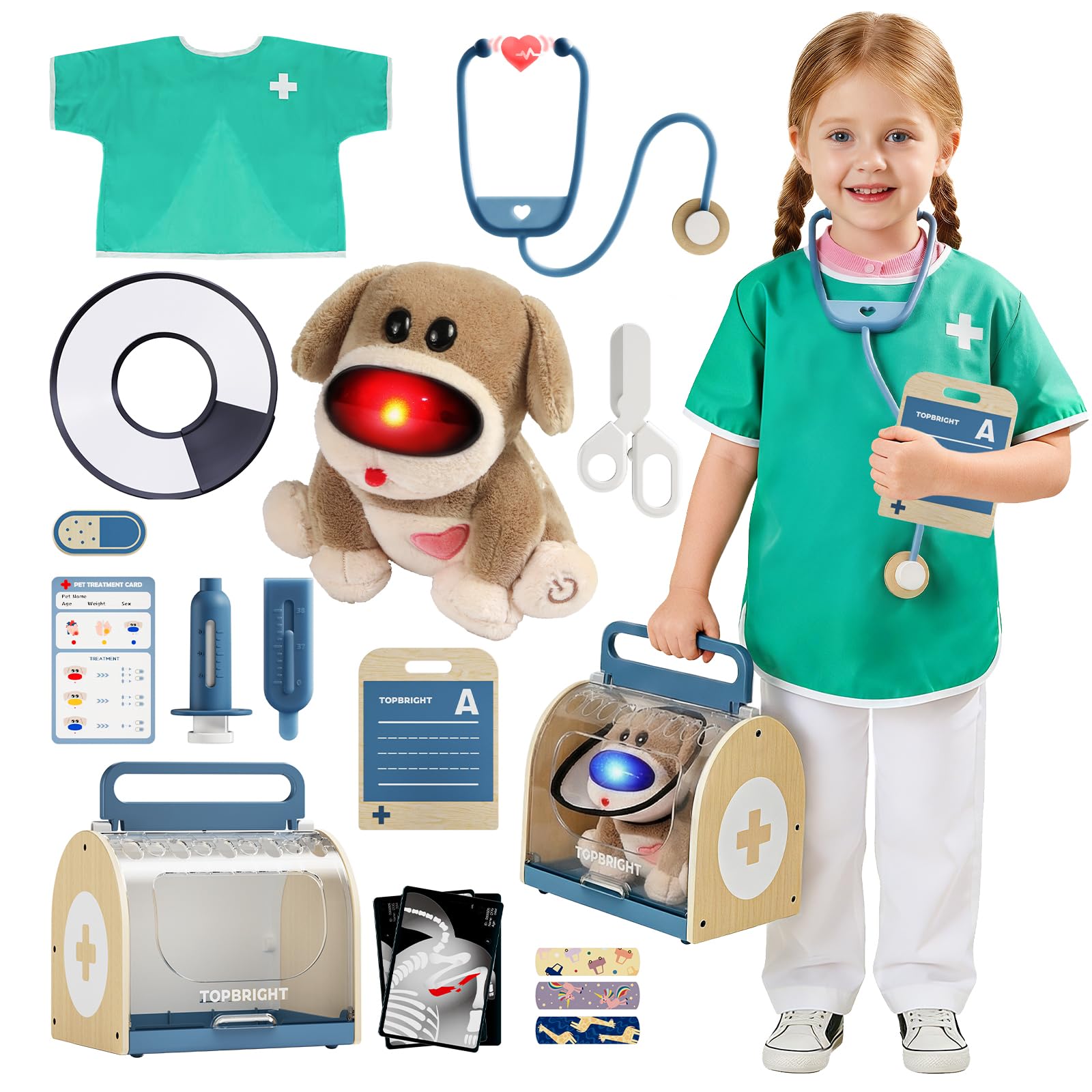 TOP BRIGHT Doctor Kit Kids, Electronic Interactive Stuffed Dog Vet Toy Kit, Pet 