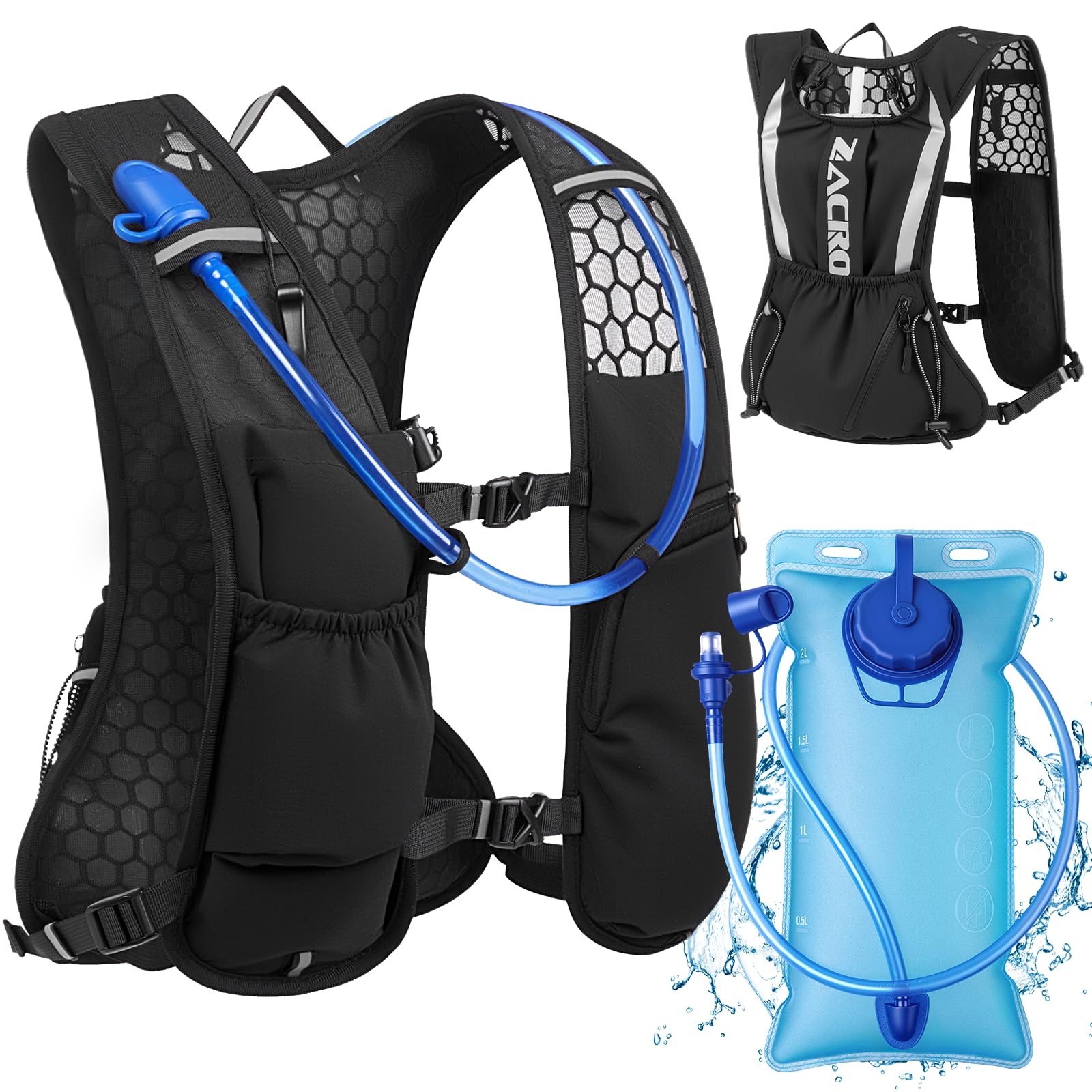 Zacro Running Vest for Men Women, Lightweight Hydration Vest with 2L Water Bladd