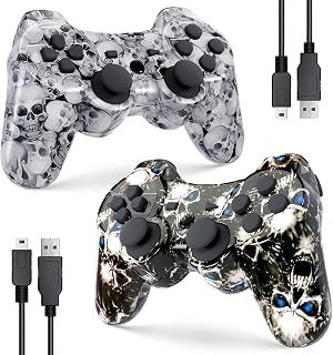 Controller for PS-3 Wireless, Gaming Remote Joystick for Play 3 with Charger Cable Cord (Black Ghost, White Skull)