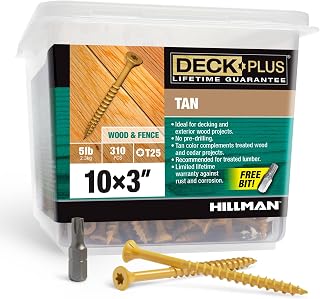 Deck Plus Wood Screws, #10 x 3in, 5lb Box 310 Pieces, Tan | Epoxy-coated steel, Self-drilling point with star/torx drive and T25 bit, For decking, fencing, and treated lumber