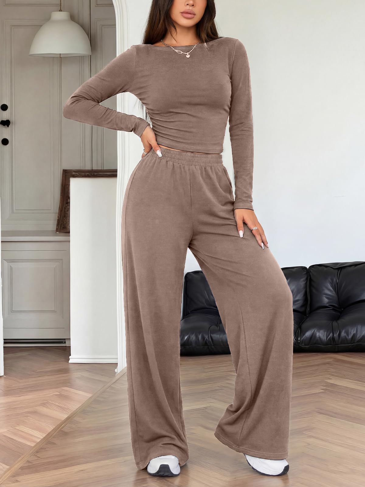 Ladies Pyjama Set, Long Sleeve Ruched Top, High Waisted Wide Leg Palazzo Pants, 