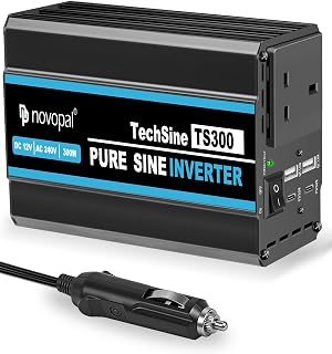 NOVOPAL 300W Pure Sine Wave Inverter 12V DC to 240V AC,Car inverter | 1 UK Socket, 2 QC 18W USB + 2 PD30W, Peak Power 600W, Suitable for Trucks, Camping, Travel, Cars