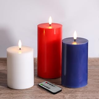 Eywamage Red White Blue Patriotic Flameless Pillar Candles with Remote, Patriotic LED Candles Real Wax Flickering 4th of July Decor Set of 3