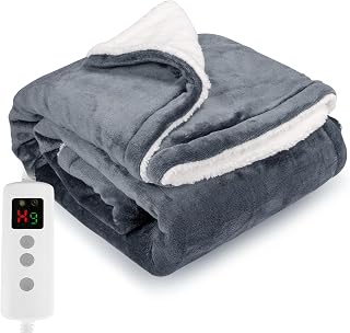 Heated Blanket Electric Throw 160x130CM, Dark Grey, Heating Blanket | 10 Levels &1-9H Timer Auto-Off, Machine Washable, Soft Flannel Sherpa Full Body Warming, Sofa Bed Office Use