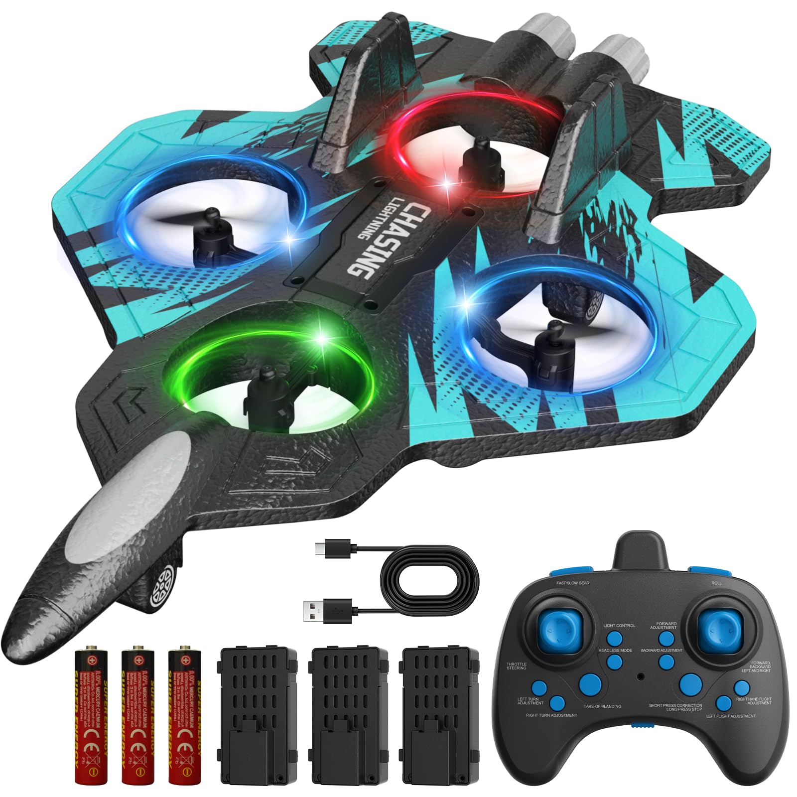 FUNPX Foam RC Plane with 3 Drone Batteries and 3*AAA Batteries (Black/Blue) | 36