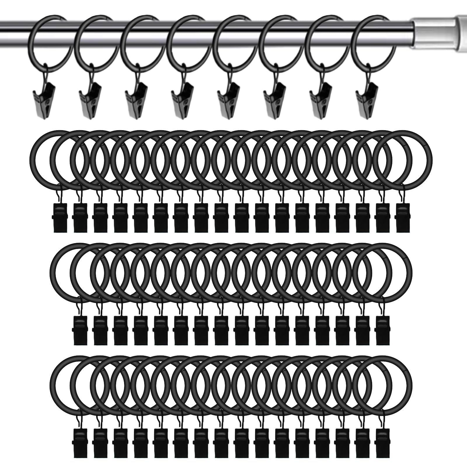 50 Pcs Curtain Hooks, 1.5 inch Solid Curtain Clips with Rings, Black | Metal, Ru