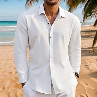 Men's Casual Linen Dress Shirts Long Sleeve Button Down Shirt Hippie Clothes for Beach Fall Winter