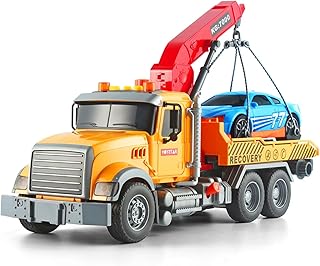 Dwi Dowellin Kids Toys for 3 4 5 6 7 Years Old Boys, 15" Large Tow Truck Toy,Friction Powered Transport Truck Crane Toy with Lights and Sounds,with Roadster,Boys Gifts