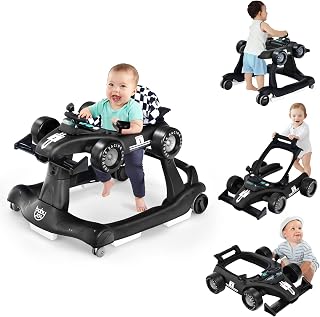 BABY JOY 4-in-1 Baby Walker, Foldable Activity Walker with Adjustable Height &amp; Speed, Music, Lights, Anti-Rollover, Toddler Push Walker, Baby Walker with Wheels for Boys Girls 6-18 Months (Black)