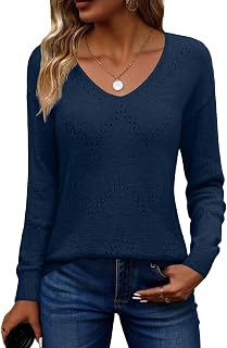 Zeagoo Women's Elegant Knitted Sweater V Neck Fall Crochet Sweater Long Sleeve Fashion Plain Casual Sweater Sizes S-XXL