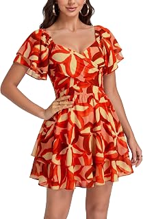 Rooscier Women Lace Up Back V Neck Multilayer Ruffle Hem A-line Short Sleeve Mini Dress